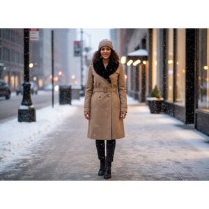 Vintage Daniel Hechter Classic Tan Double Breasted Trench Coat with Fur Collar